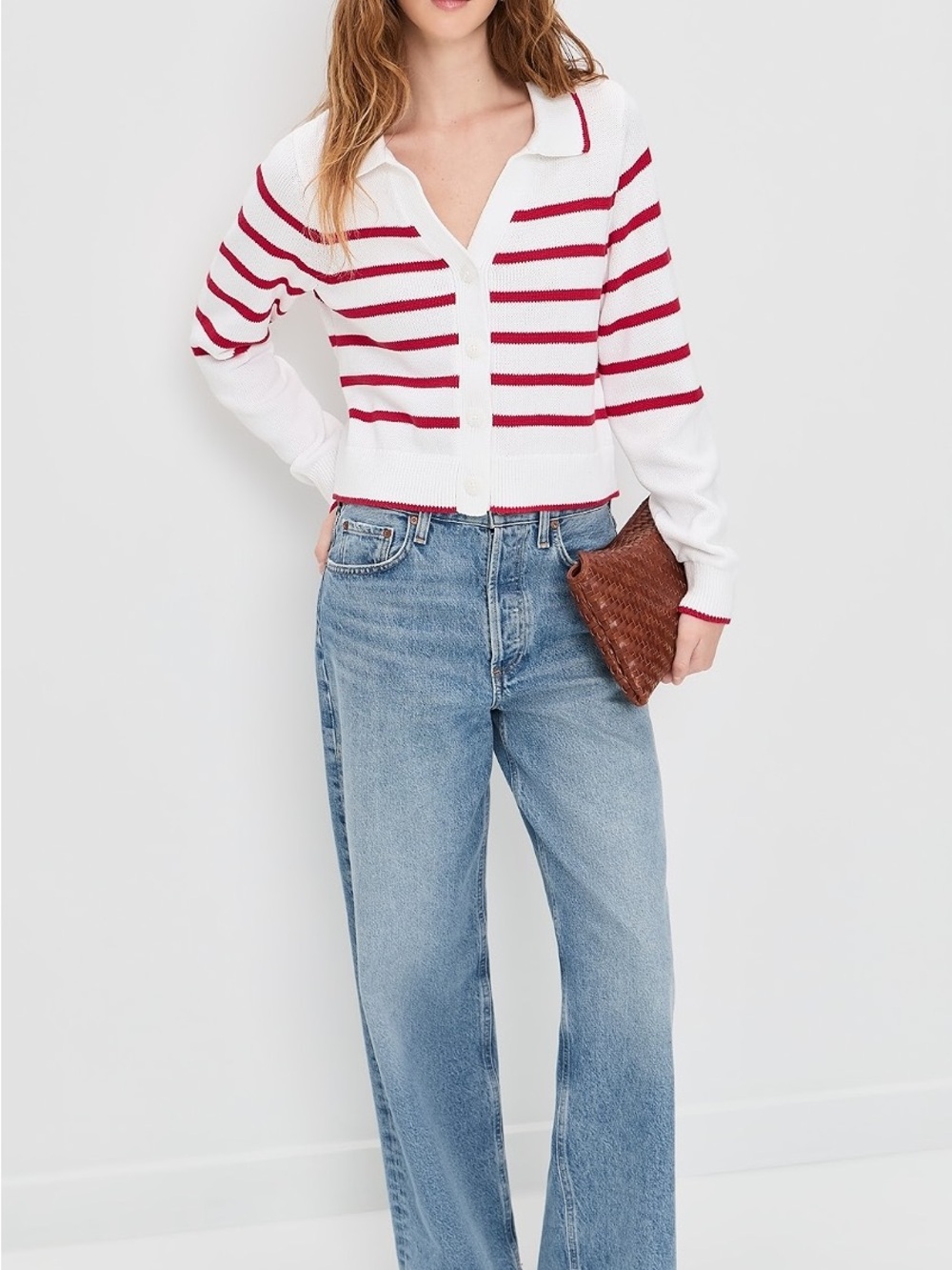 Splendid Nicolette Stripe Polo Sweater White Red Cotton Button Cardigan Size S